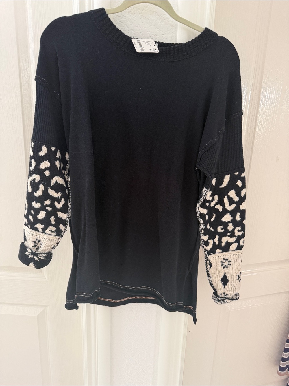 Free People Black Pullover Sweater with Cream Patterned Sleeves